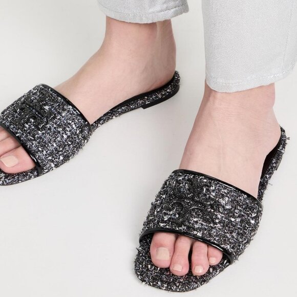 NIB$425 TORY BURCH Eleanor Pavé Double T Slide Silver Confetti/Perfect Black 9.5 - Picture 1 of 14